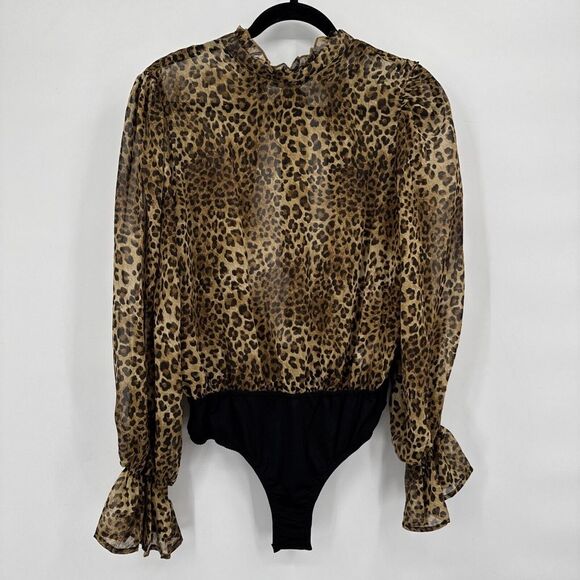 Missguided Tops - Missguided Leopard Print Bodysuit Thong Long Sleeve Open Back Women's Size 10